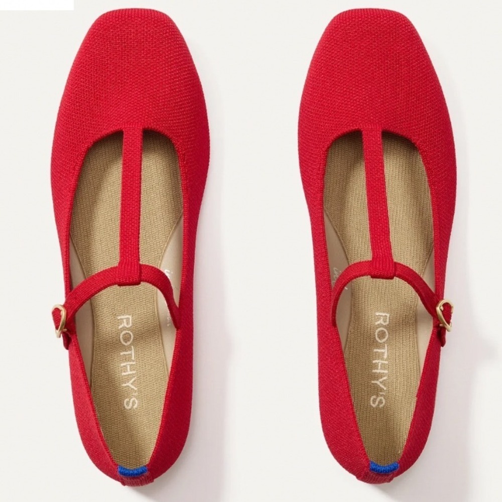Rothy's The T-Strap Red Knit Square Toe Flat Shoes 9.5